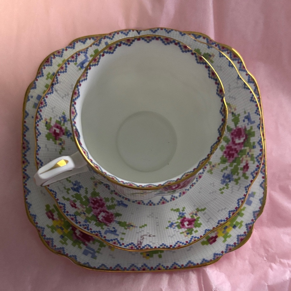 Royal Albert Bone, China Petit point Floral Teacup and Saucer Set with Gold Trim